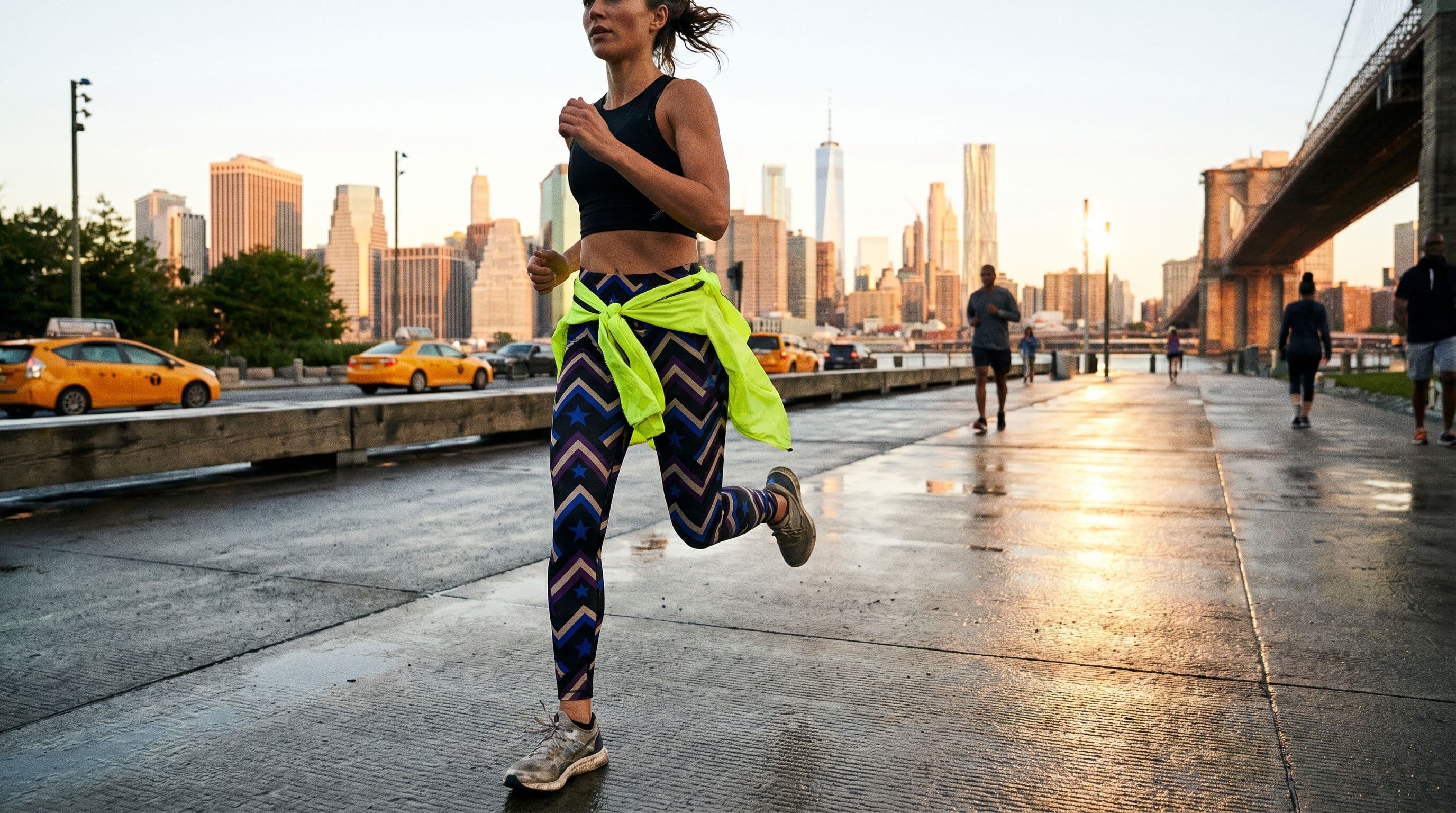 Athlète en course sur un pont urbain à l'aube — photographie pleine couleur Bandit Running NYC